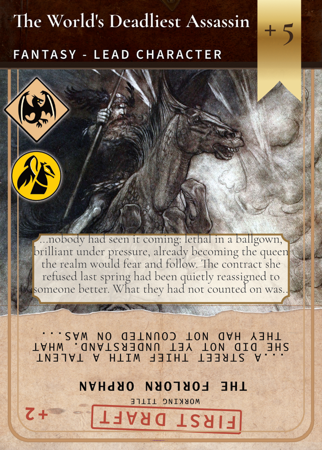 A Book Element card showing two ideas on one face: the rough First Draft, The Forlorn Orphan, and its Revised version, The World's Deadliest Assassin.