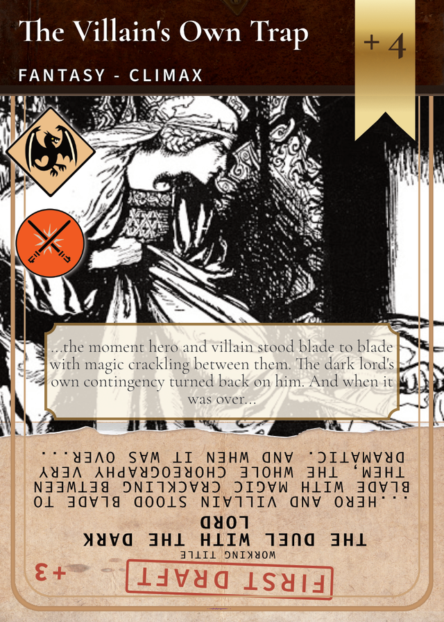 The Villain's Own Trap card, a Fantasy Climax, which turns around to reveal its First Draft