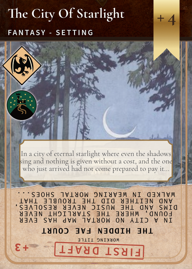 The City of Starlight card, a Fantasy Setting, which turns around to reveal its First Draft