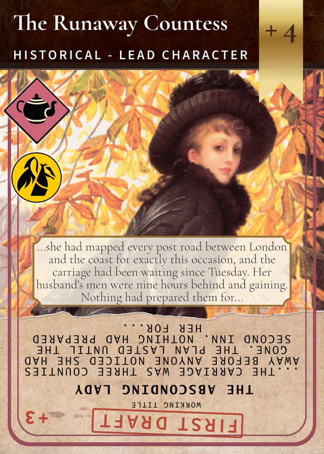 A Storycraft: Plot Twist Book Element card. One face holds two ideas: the rough First Draft, The Absconding Lady, and its Revised version, The Runaway Countess.
