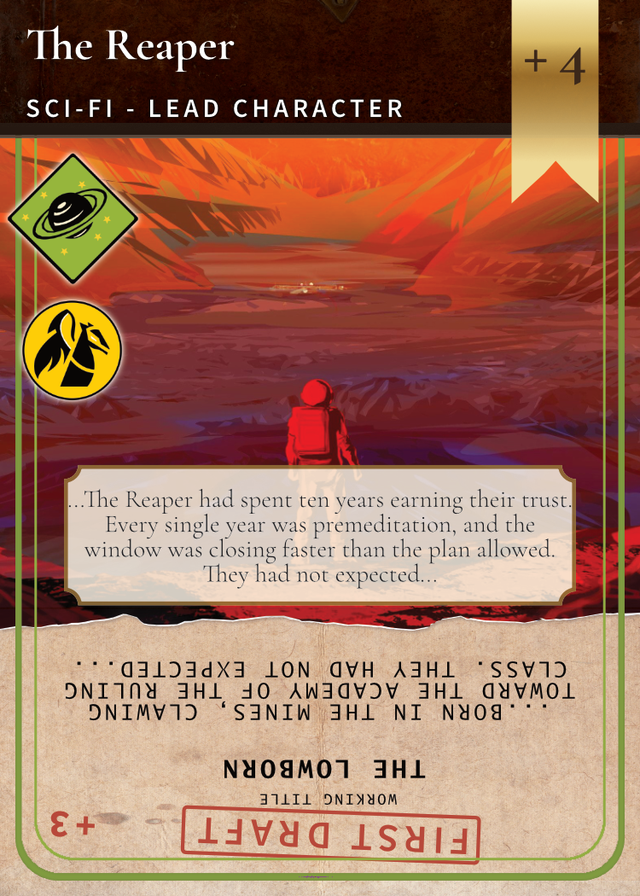 The Reaper card, a Sci-Fi Lead Character, which turns around to reveal its First Draft